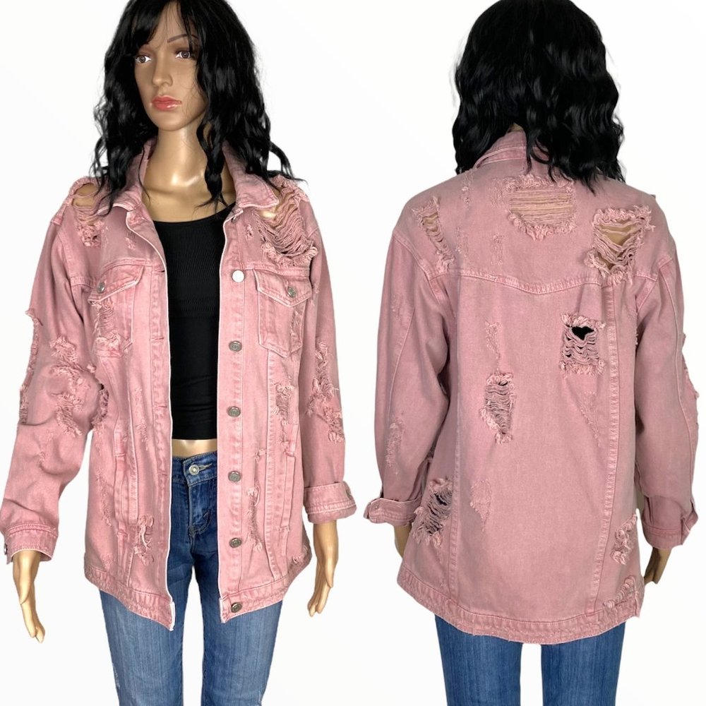 Missguided Mauve Pink Ripped Distressed Boyfriend Jean Jacket, sz 4, EUC - Picture 5 of 8